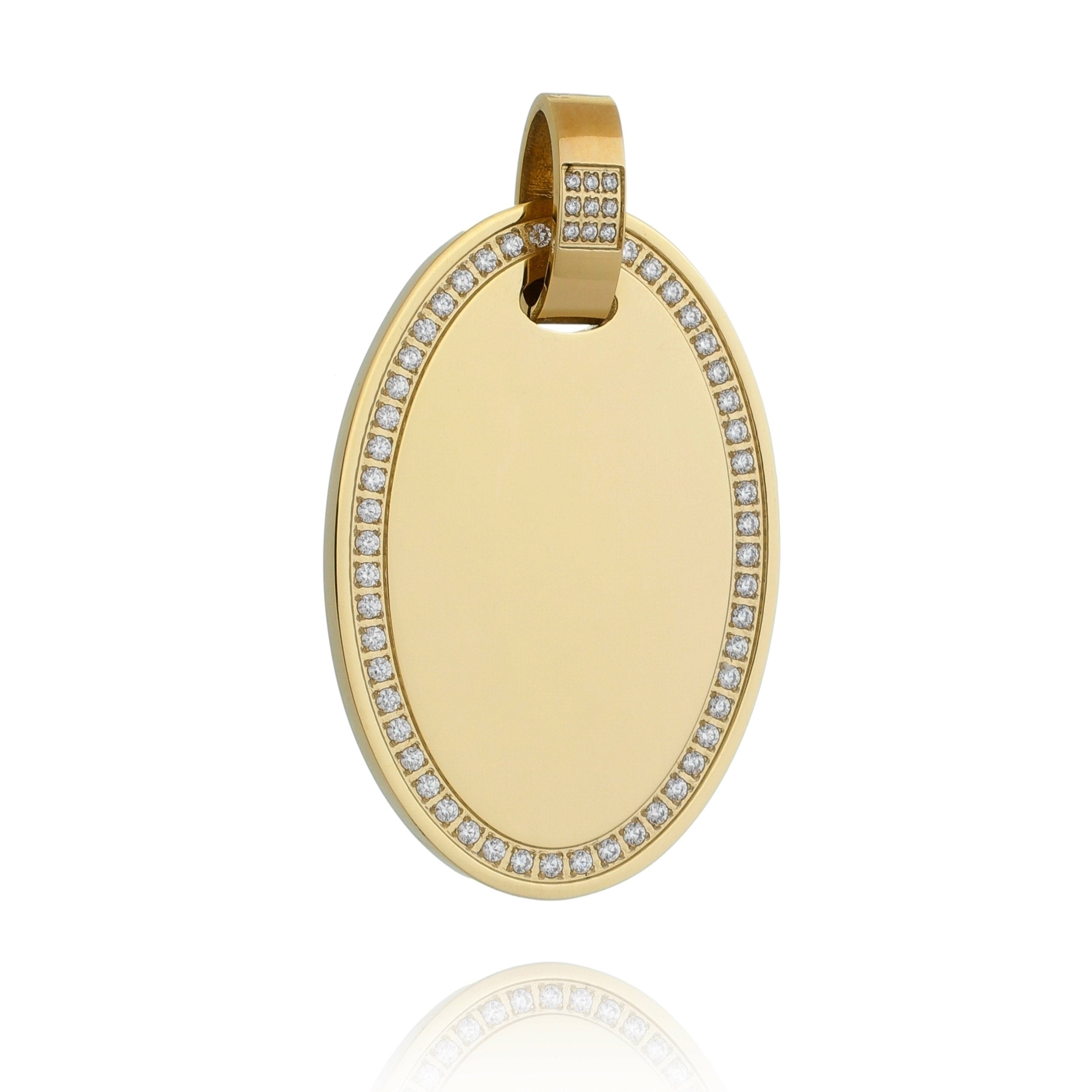 Engravable Oval Pendent - Cubic Zirconia. Available in both 18k Gold and Stainless Steel.