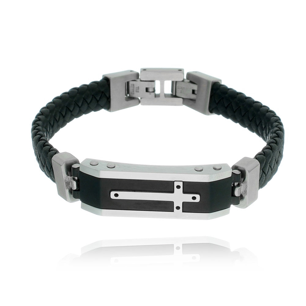 Black Stainless Steel Bar Cross Bracelet - Extendable 8"